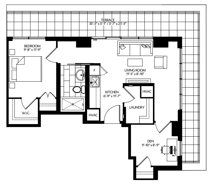 floorplan for Viva Leaside 1 bedroo + den suite