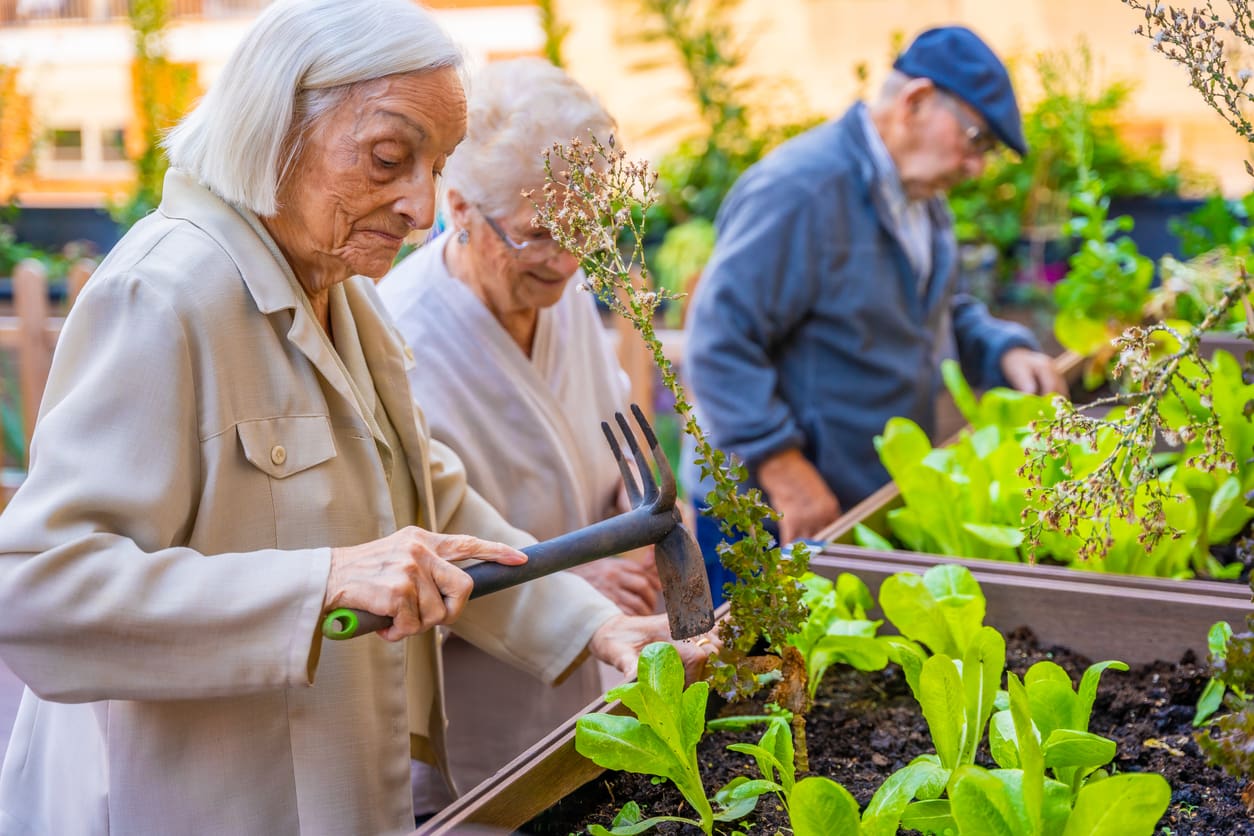 Residents planting flowers in a retirement community’s garden, contributing to sustainability and mental well-being.